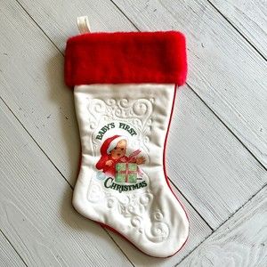 Vintage Christmas Stocking Baby's First Christmas Satin 15”  Rennoc